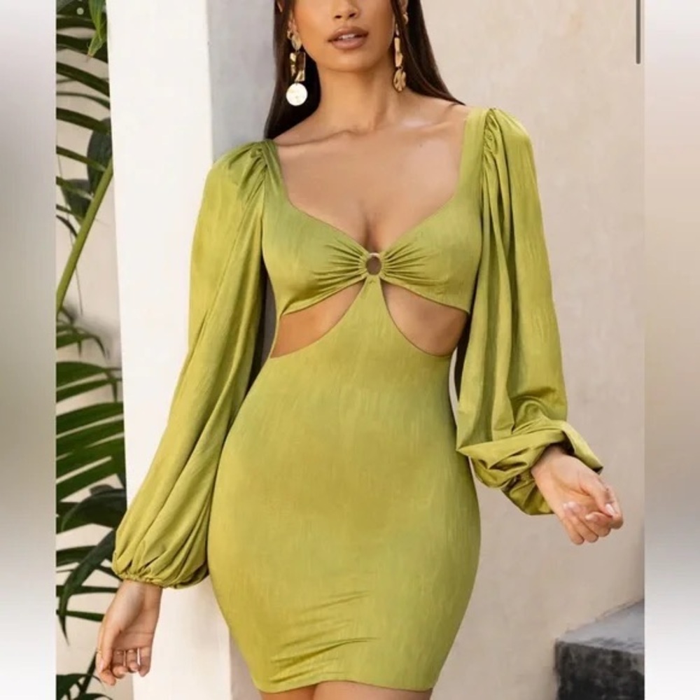 Oh Polly Green Ruched Bodycon Dress with Bishop Sleeves